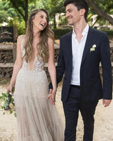 Embroidery A-Line Appliques V-neck Bohemain Tulle Wedding Dress